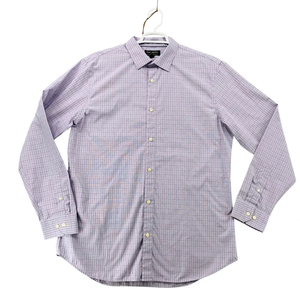 Banana Republic Mens XL NonIron Tailored Slim Fit Purple Check Button Down Shirt